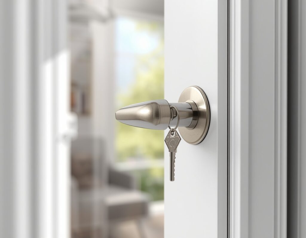 Abschließbarer Fenstergriff mit Schlüssel am weißen Fensterrahmen