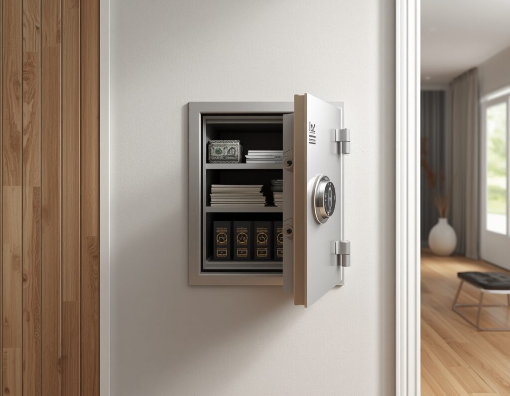 Einbautresor in der Wand geöffnet mit Inhalt