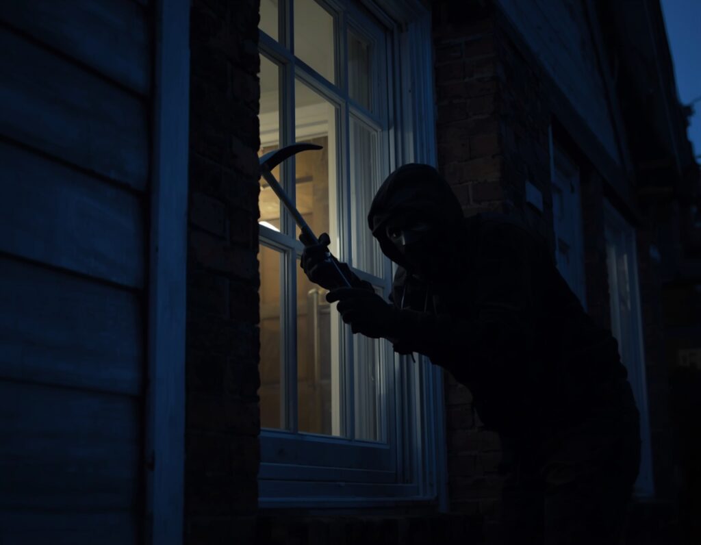 Einbrecher versucht Fenster aufzuhebeln als Einbruchschutz Warnung