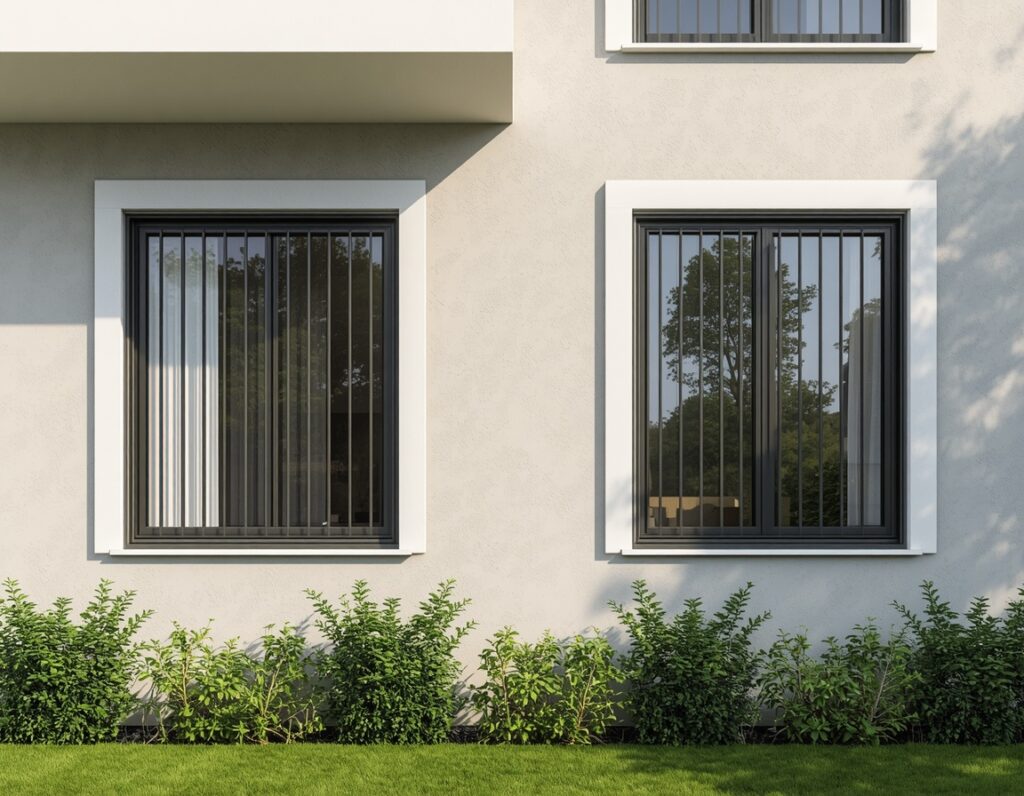 Fenstersicherung Übersicht mit gesicherten Fenstern am modernen Haus