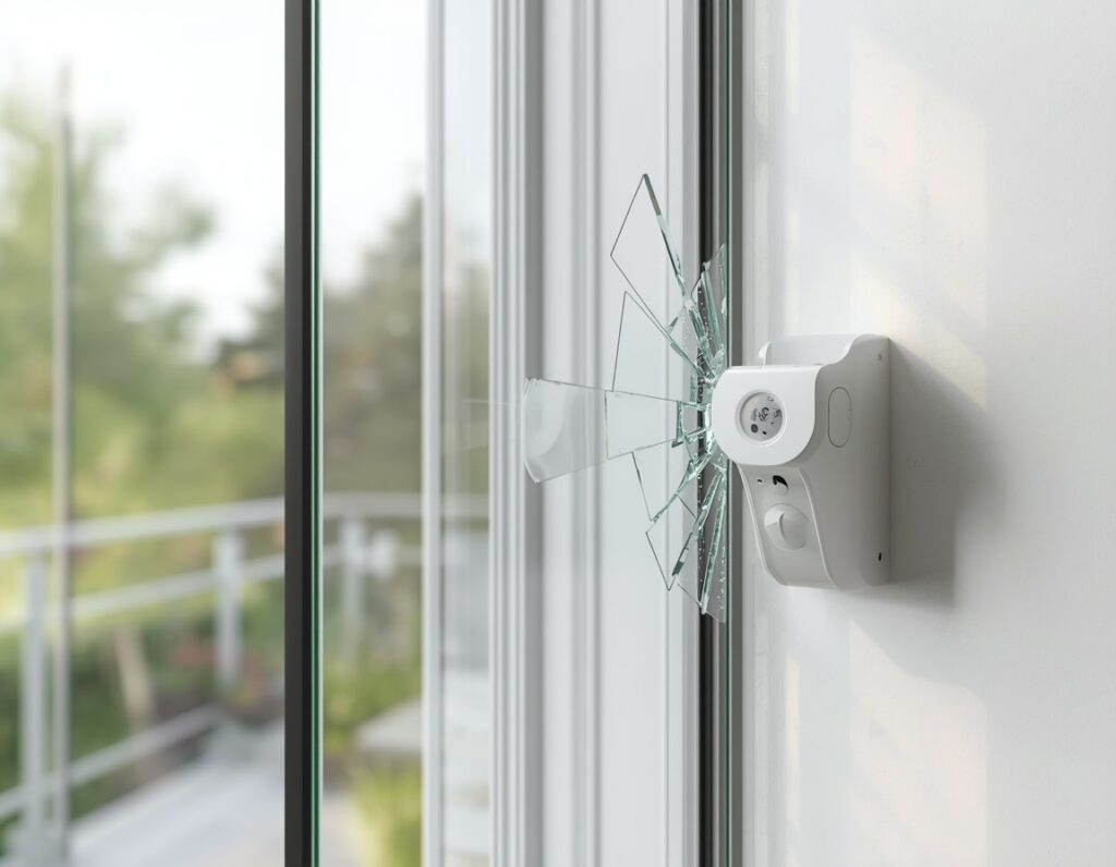 Glasbruchmelder am Fensterrahmen montiert