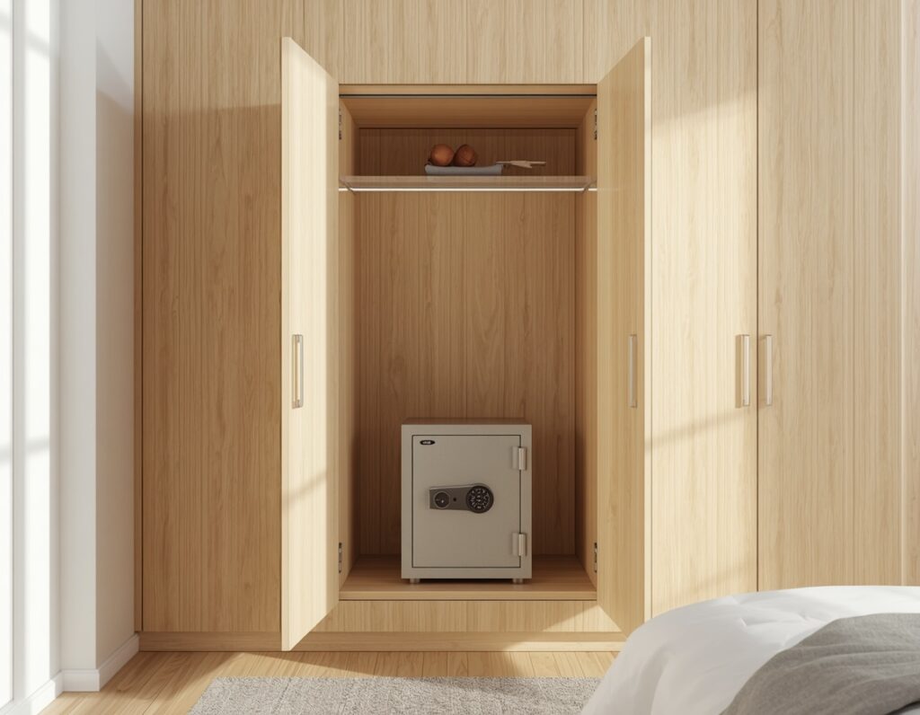 Schrank mit Tresor sichtbar im Regal