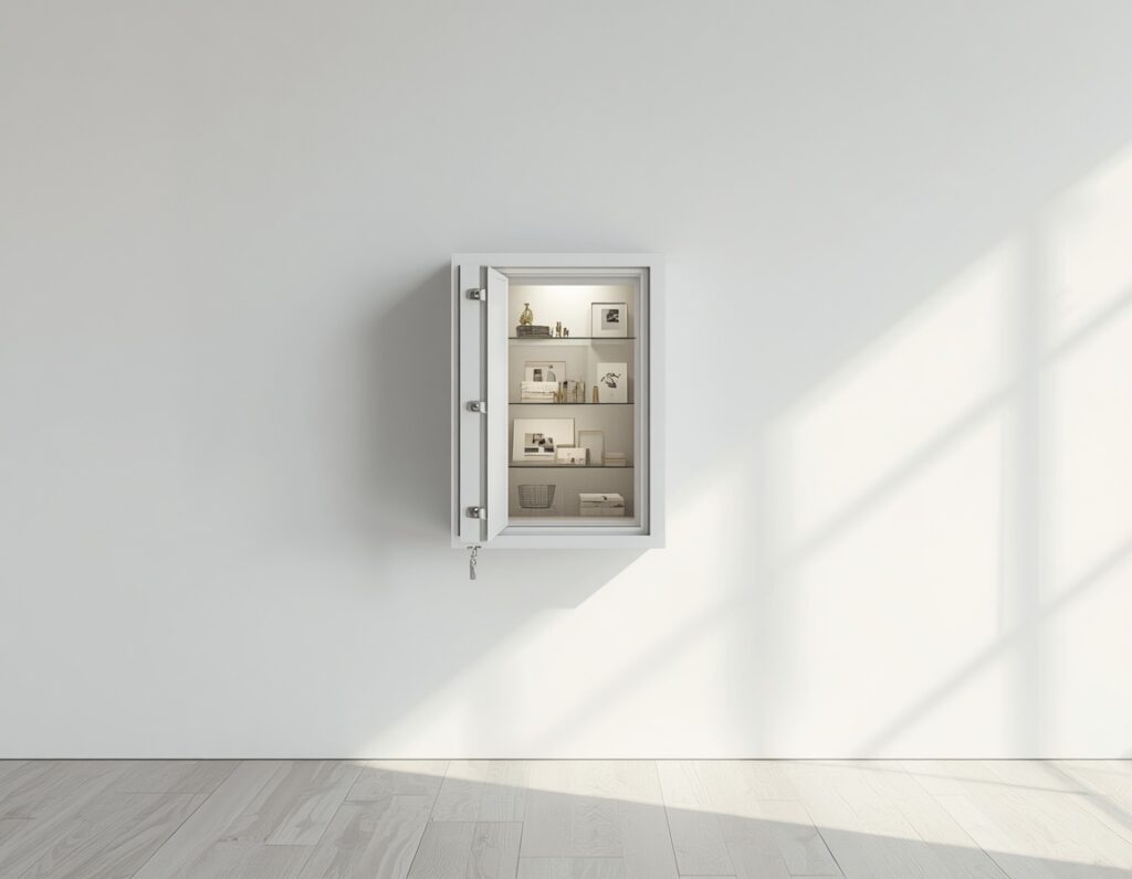 Moderner Wandtresor geöffnet in weißer Wand mit Inhalt