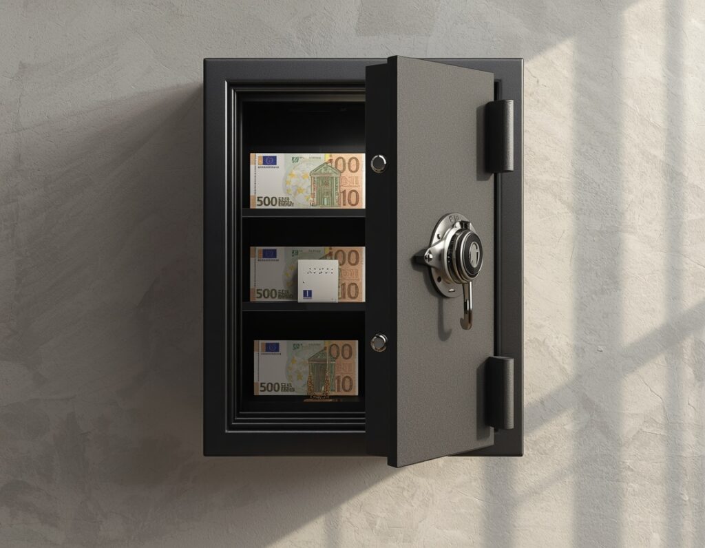 Heimtresor geöffnet mit Inhalt in modernem Wohnraum